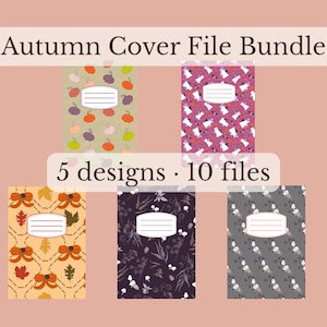 Puede incluir: Un paquete digital de cinco diseños de portadas para cuadernos etiquetado como Autumn Cover File Bundle y 5 designs 10 files. Los patrones incluyen calabazas sobre fondo oliva, fantasmas sobre morado, lazos naranjas con hojas, bocetos botánicos blancos sobre morado oscuro y setas blancas sobre gris.