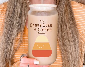 Candy Corn Pumpkin iced coffee cup, fall coffee glass, glass with lid and straw, coffee aesthetic, gift for women