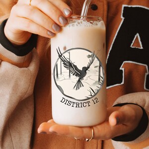 Mocking Bird glass Mug Bamboo lid and straw In MY District 12 Era inspired design by Panem with Mellark Bakery