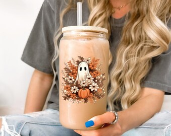 Ghost in Autumn Flowers iced coffee cup, fall coffee glass, glass w/ lid & straw, coffee aesthetic, Country ghost Cowboy, Country Boo