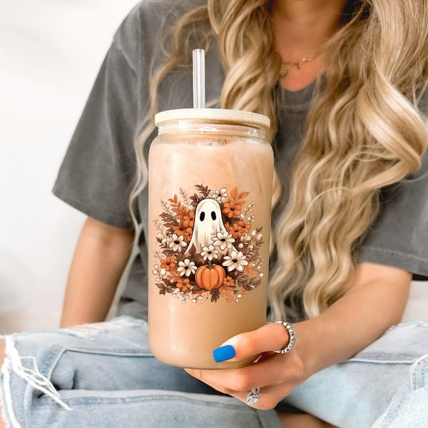 Ghost in Autumn Flowers iced coffee cup, fall coffee glass, glass w/ lid & straw, coffee aesthetic, Country ghost Cowboy, Country Boo