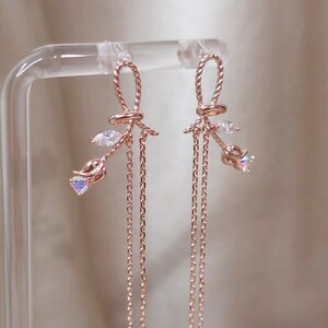 Rose Ribbon Crystal Long Chain Drop Earrings by Somese • 14k