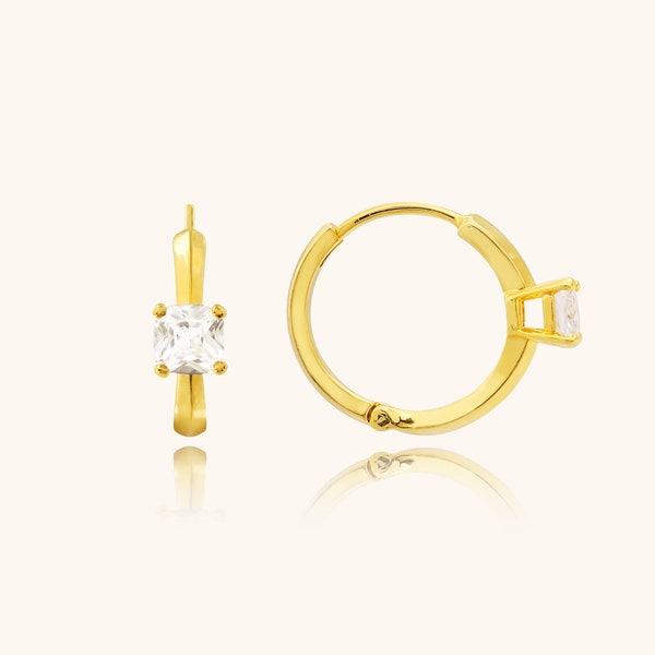 Cubic Zirconia Solid Hoop Earrings by Somese • Cushion Stone Crystal Hoop • 14k Gold plated Brass • Huggie hoop Earrings • RE10004