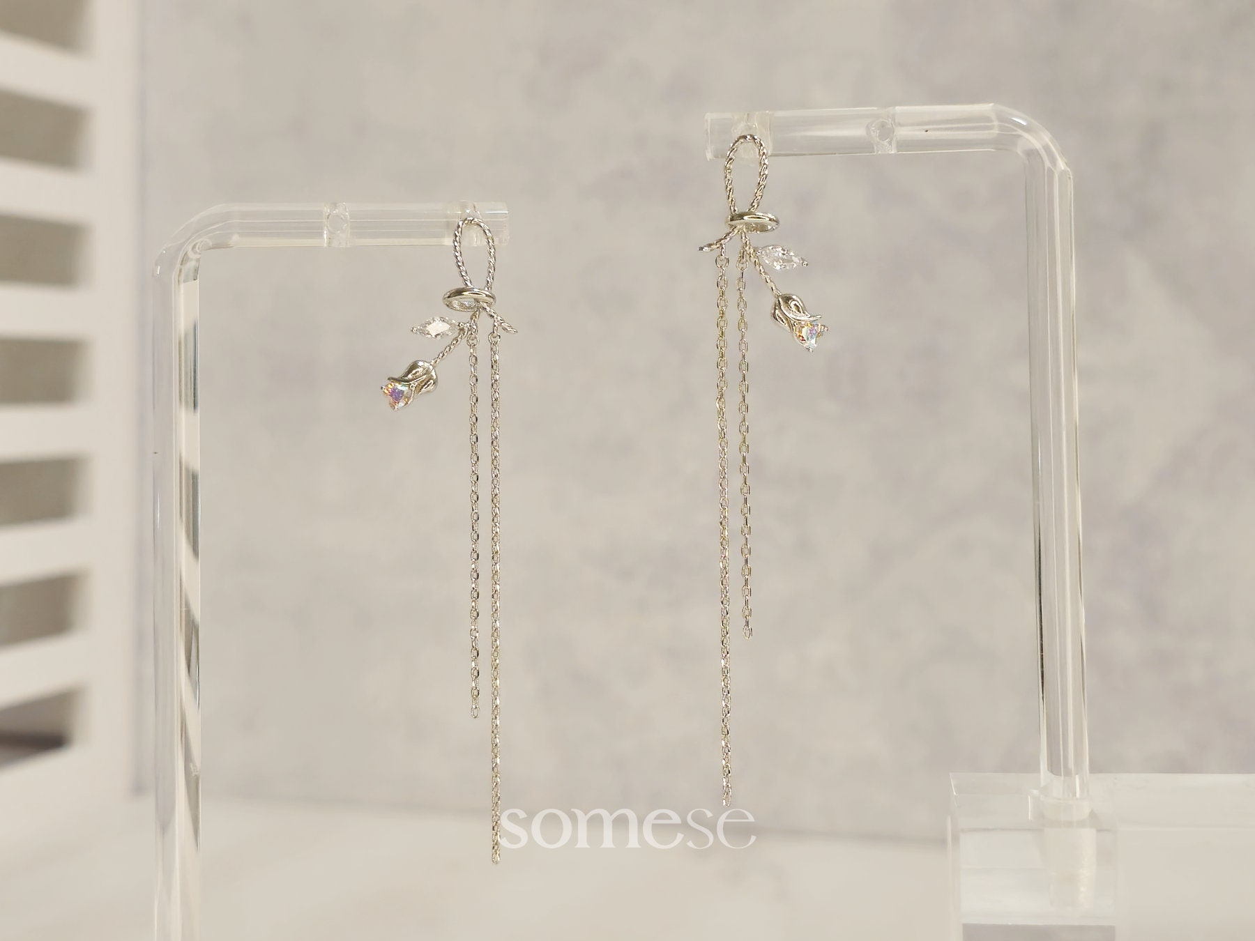 Rose Ribbon Crystal Long Chain Drop Earrings by Somese • 14k