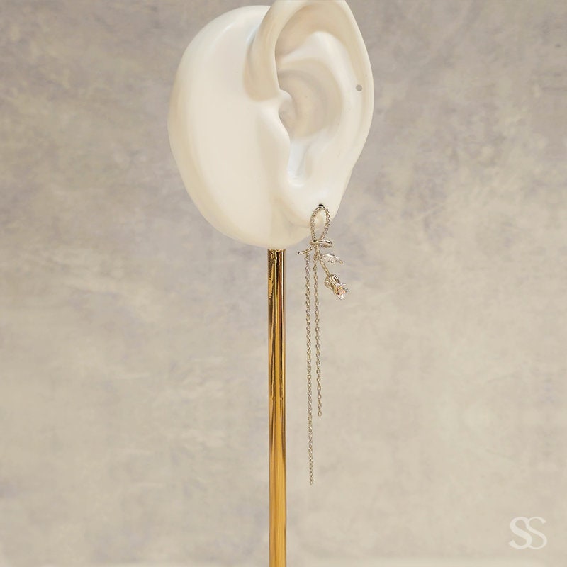 【送料0円】 Chain Long Crystal Ribbon Rose Drop 14k • Somese by Earrings アクセサリー