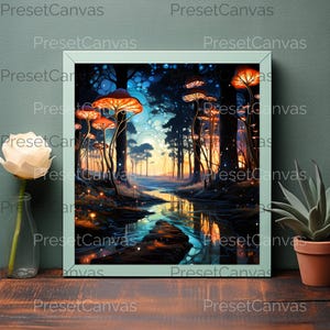 Fantasy Forest Digital Wall Art: Glowing Mushrooms & Bioluminescent Scene, Enchanted Landscape, Magical Print, Home Decor