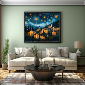 Whimsical Village Night Scene: Digital Wall Art, Colorful Houses & Starry Sky, Magical Landscape Printable for Home Decor