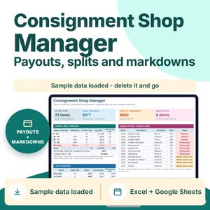 Op de afbeelding: Een digitaal spreadsheet-interface getiteld Consignment Shop Manager voor het bijhouden van uitbetalingen, splitsingen en prijsverlagingen. Het dashboard toont tabellen met voorbeeldgegevens voor voorraad, verkoop en consignatiestatus, compatibel met Excel en Google Sheets.