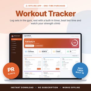 Könnte beinhalten: Eine digitale Trainings-Tracker-Oberfläche auf einem Laptop-Bildschirm. Das Dashboard enthält Bereiche zum Protokollieren von Sätzen, einen Pausen-Timer und Fortschrittsmetriken. Text beinhaltet "Workout Tracker", "Full body A" und "PR ALERTS".