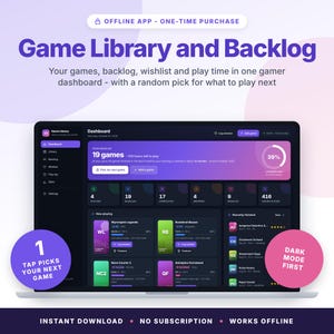 May include: A digital dashboard interface titled Game Library and Backlog, featuring a dark mode layout with purple accents. It displays game statistics, a progress tracker, and lists of games categorized by status like playing, backlog, and completed.