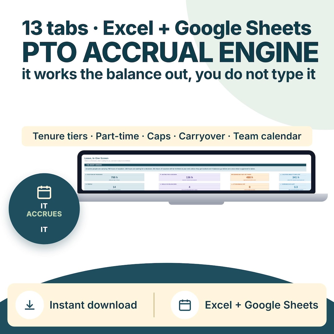 PTO Tracker Spreadsheet, Leave Accrual Calculator, Employee Time off ...