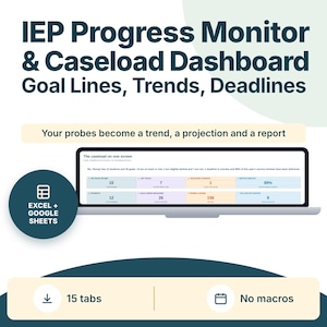 IEP Goal Tracker Spreadsheet Excel Google Sheets Progress Monitoring Special Education Caseload Dashboard Data Collection Service Minutes