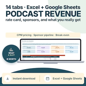 May include: A digital spreadsheet template for podcast revenue tracking, featuring 14 tabs for Excel and Google Sheets. The interface displays data on CPM pricing, sponsor pipelines, and break-even points, with a laptop screen showing financial metrics.
