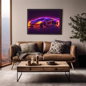 Neon Car Wall Art, AI Art Sports Car Digital Download, Futuristic Sports Car Poster, Modern Black Car Neon Print