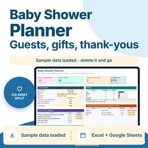 Baby Shower Planner Spreadsheet Google Sheets Excel Guest List RSVP Gift Log Thank You Tracker Co-Host Budget Split Shower Food Planner
