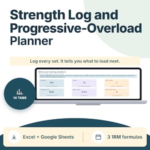 May include: A digital Strength Log and Progressive-Overload Planner displayed on a laptop screen. The interface shows training data including 555 sets logged, 10 weeks, 662k total weight moved, and 414.2 biggest one-rep max. Includes 14 tabs, Excel and Google Sheets compatibility, and 3 1RM formulas.