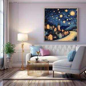Whimsical Village Night Scene, Starry Sky Digital Wall Art, Fantasy Landscape Printable Art