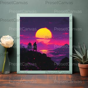 Digital Wall Art, Samurai Art Print, Sunset Landscape Decor, AI Art Download, Printable Japanese Warrior Poster
