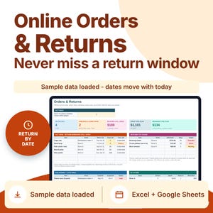 May include: A digital spreadsheet interface titled Orders & Returns with columns for items, stores, return dates, and status. The dashboard includes sections for tracking deliveries, refunds, and return windows, compatible with Excel and Google Sheets.