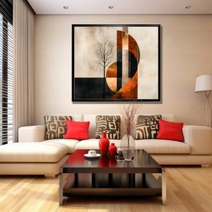 May include: Abstract art print with geometric shapes in shades of brown, orange, and black. The print features a stylized tree in the center and is framed in black.
