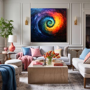 Vortex Abstract Artwork: Swirling Cosmic Spiral, Deep Blues to Vibrant Reds, Dynamic Energy