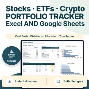 Könnte beinhalten: Ein digitaler Portfolio-Tracker für Aktien, ETFs und Krypto, kompatibel mit Excel und Google Sheets. Die Benutzeroberfläche zeigt ein Dashboard mit Finanzkennzahlen wie Einstandskurs, Dividenden, Allokation und tatsächlicher Rendite.