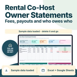 May include: A digital spreadsheet template titled Rental Co-Host Owner Statements with the text Fees, payouts and who owes who. It displays a Co-Host Command Center dashboard with financial data, tables, and columns for owners, fees, and balances.