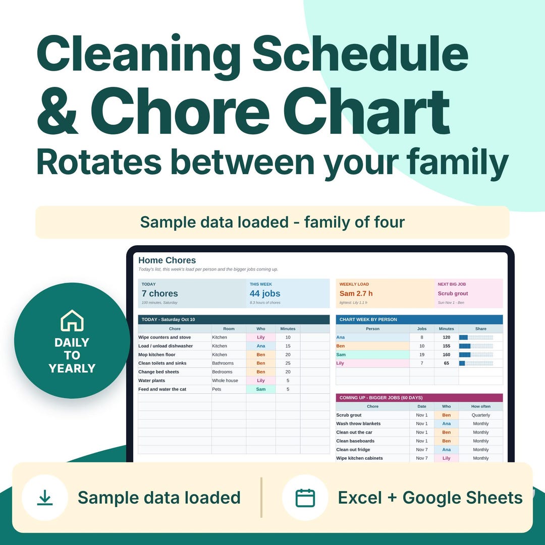 Cleaning Schedule and Chore Chart, Kids Chore Rotation, Family Cleaning ...