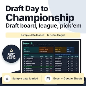 May include: A digital draft board interface titled League HQ displaying fantasy football league standings, team records, and player availability. The screen includes a dark blue circular badge with a star icon and the text DRAFT LEAGUE PICK'EM.