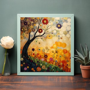 May include: A painting of a tree with colorful flowers and a swirling background of yellow, orange, and white circles.