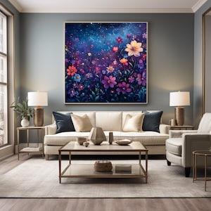 Digital Wall Art: AI Art Print, Dreamlike Landscape, Colorful Floral & Starry Night, Vibrant Flower, Modern Home Decor