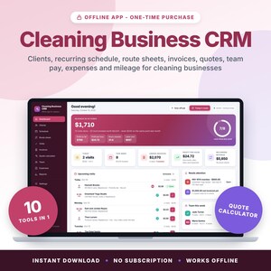 Puede incluir: Un panel digital para un CRM de empresas de limpieza mostrado en una pantalla de portátil. La interfaz incluye secciones para ingresos, visitas, facturas pendientes y una calculadora de presupuestos, con el texto "Cleaning Business CRM" y "10 Tools in 1".