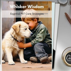 May include: A young boy with blonde hair is sitting on the ground with a golden retriever dog. The boy is wearing a green jacket and blue jeans. The dog is looking at the boy and the boy is looking at the dog. The image is titled "Whisker Wisdom: Essential PET Care Strategies".