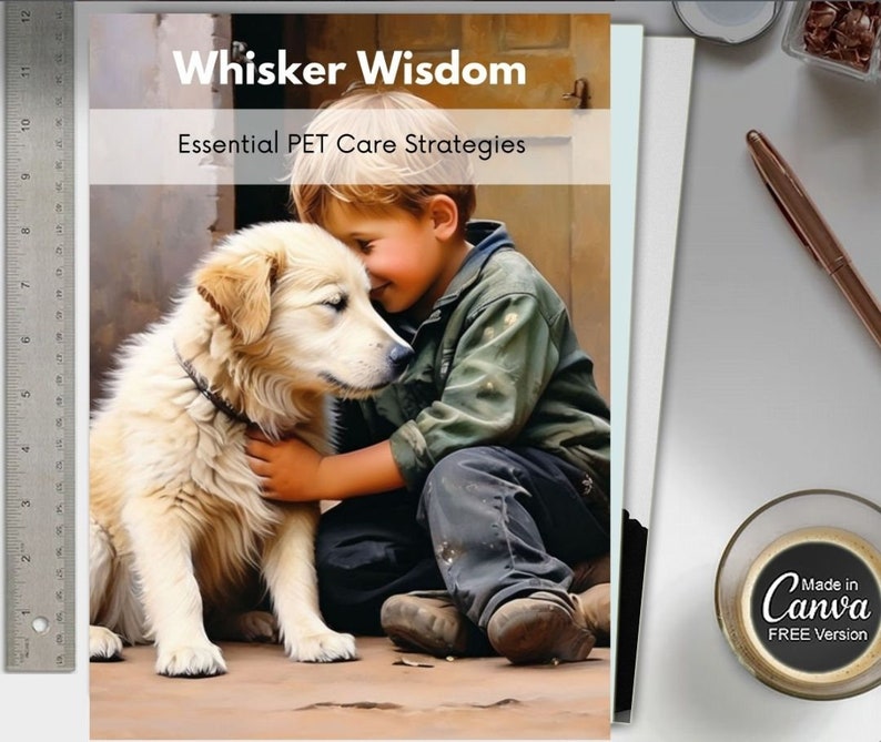 May include: A young boy with blonde hair is sitting on the ground with a golden retriever dog. The boy is wearing a green jacket and blue jeans. The dog is looking at the boy and the boy is looking at the dog. The image is titled "Whisker Wisdom: Essential PET Care Strategies".