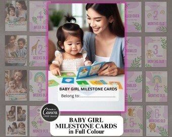 May include: A set of 10 baby girl milestone cards with colorful illustrations and text. The cards feature a rainbow, a lion, a squirrel, a giraffe, and a number for each month. The text on the cards reads "Today I am..." followed by the number of months old. The cards are designed to be used for photoshoots and to document a baby's growth.