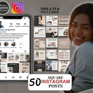 Puede incluir: Un teléfono inteligente muestra un perfil de Instagram y una cuadrícula de 50 publicaciones cuadradas de Instagram. El perfil es para "Dafinchy_entrepreneur". Las publicaciones tienen una paleta de colores neutros e incluyen texto. La imagen también incluye el logotipo de Instagram y el texto "Made in Canva FREE Version".
