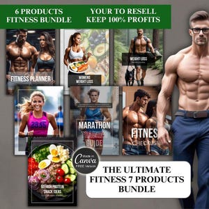 Puede incluir: Un paquete de productos digitales para el fitness y el bienestar. El paquete incluye 7 productos: un planificador de fitness, una guía de pérdida de peso para mujeres, una guía de entrenamiento de maratón, una lista de verificación de fitness, una guía de ideas de refrigerios ricos en proteínas y otras dos guías de fitness. El paquete está diseñado para ser revendido y el vendedor se queda con el 100% de las ganancias.