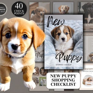 Puede incluir: Una lista de verificación imprimible para los nuevos dueños de cachorros. La lista incluye artículos como comida, tazones, juguetes, una cama, una correa y un collar. La lista está diseñada para ayudar a los nuevos dueños de cachorros a prepararse para su nuevo amigo peludo.