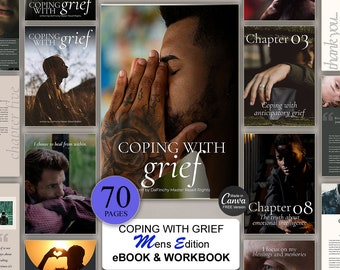 May include: A book cover with the title "Coping with Grief: Men's Edition" in black text on a white background. The cover features a photo of a man's hands clasped together, with a tattoo on his hand. The book is described as an ebook and workbook with 70 pages.