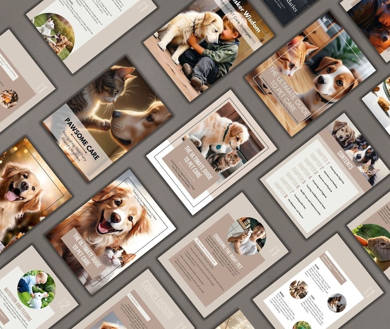 May include: A guide to pet care with a beige cover and a photo of a dog and cat on the front. The title of the guide is "The Ultimate Guide to Pet Care".