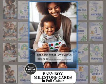 May include: A set of 10 baby milestone cards featuring a blue and green color scheme with illustrations of animals and rainbows. The cards are designed to be used to track a baby's growth and development. The text on the cards reads "Today I am..." followed by the age of the baby in weeks or months. The cards also include the phrase "Baby Boy Milestone Cards" and "Belong to..."