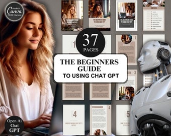 Puede incluir: Una guía de 37 páginas titulada "The Beginners Guide to Using Chat GPT" con una ilustración de robot y una mujer usando una computadora portátil. La guía incluye secciones sobre la comprensión de la salida de Chat GPT, cómo usar Chat GPT de manera efectiva, y más.