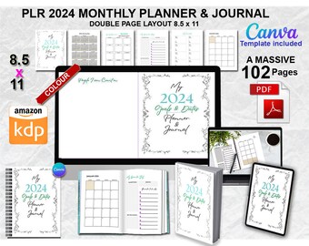 Plr 2024 Monthly Planner & Journal Double Page Layout 8.5 X 11 + Canva Template