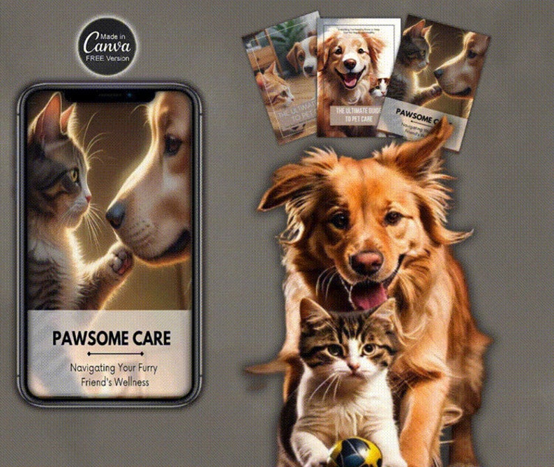May include: A phone screen displaying a graphic of a cat and dog with the text "PAWSOME CARE" and "Navigating Your Furry Friend's Wellness".