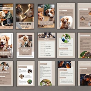 May include: A guide to pet care with a brown background and images of cats and dogs. The title of the guide is "The Ultimate Guide to Pet Care". The guide includes chapters on choosing the right pet, nutrition and feeding, and more.