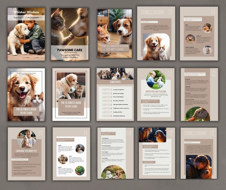 May include: A guide to pet care with a brown background and images of cats and dogs. The title of the guide is "The Ultimate Guide to Pet Care". The guide includes chapters on choosing the right pet, nutrition and feeding, and more.