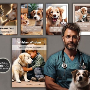 May include: A veterinarian in a blue scrubs shirt is holding a dog. The dog is white and brown with floppy ears. The veterinarian is smiling. There are four digital book covers in the background with images of dogs and cats. The book covers have titles like "The Ultimate Guide to Pet Care" and "Pawsome Care".