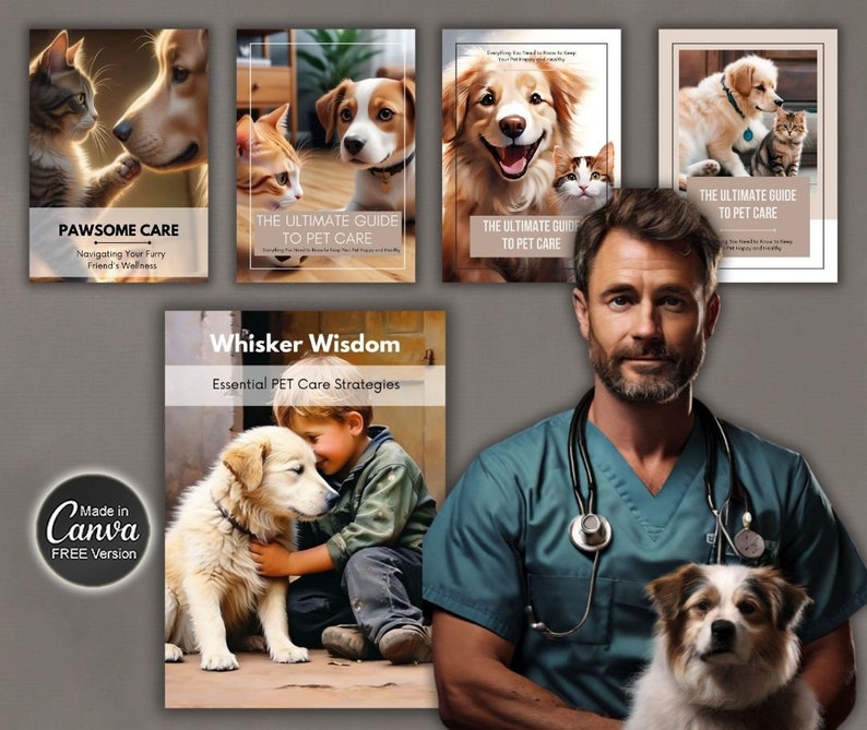 May include: A veterinarian in a blue scrubs shirt is holding a dog. The dog is white and brown with floppy ears. The veterinarian is smiling. There are four digital book covers in the background with images of dogs and cats. The book covers have titles like "The Ultimate Guide to Pet Care" and "Pawsome Care".