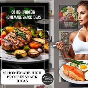 Livre de recettes de 60 idées de collations énergisantes riches en protéines avec droits de revente | 60 idées de collations à faible teneur en glucides Modèle sur toile MRR PLR Done-For-You DFY