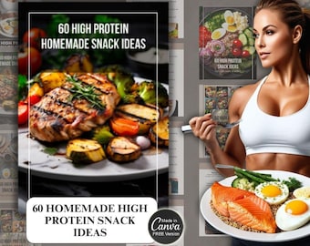 May include: An image promoting healthy eating, featuring a woman and a cookbook titled "60 High Protein Snack Ideas." The woman holds a plate with salmon, eggs, and vegetables. Another plate shows grilled meat and vegetables. The image also includes text.